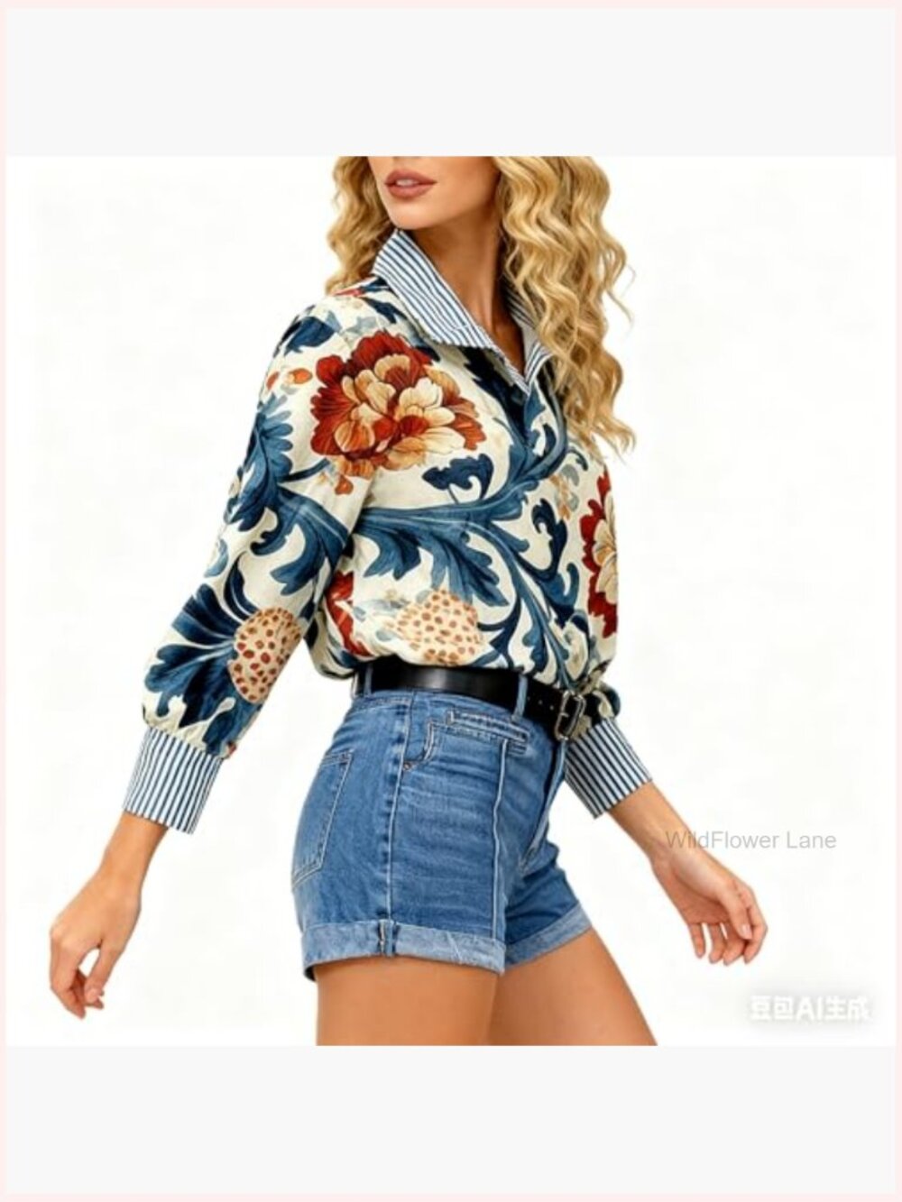 V Neck Button Down Blouse Long Sleeve Floral Top Boho Shirt - Picture 6 of 7
